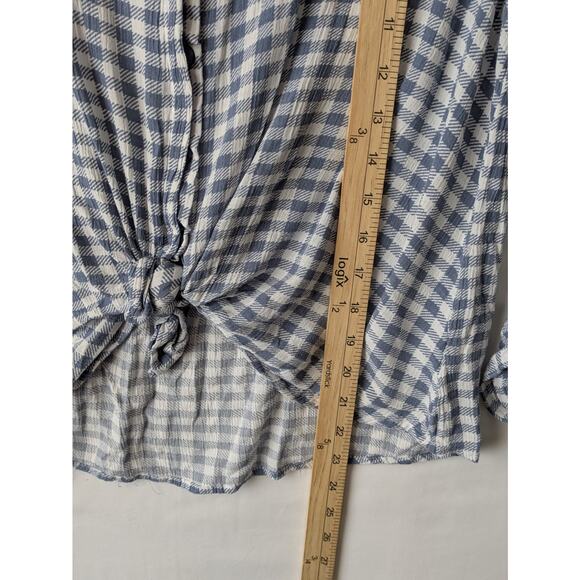 Pink Rose‎ Blouse Womens Small Blue White Gingham Check Plaid Tie Front Button - Picture 4 of 7